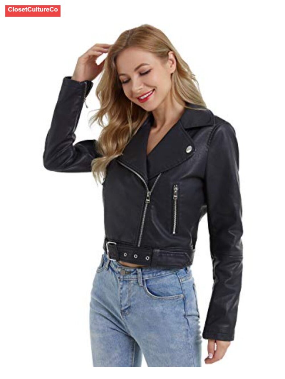 Faux Leather Moto Biker Jacket Slim Belted Zip Coat